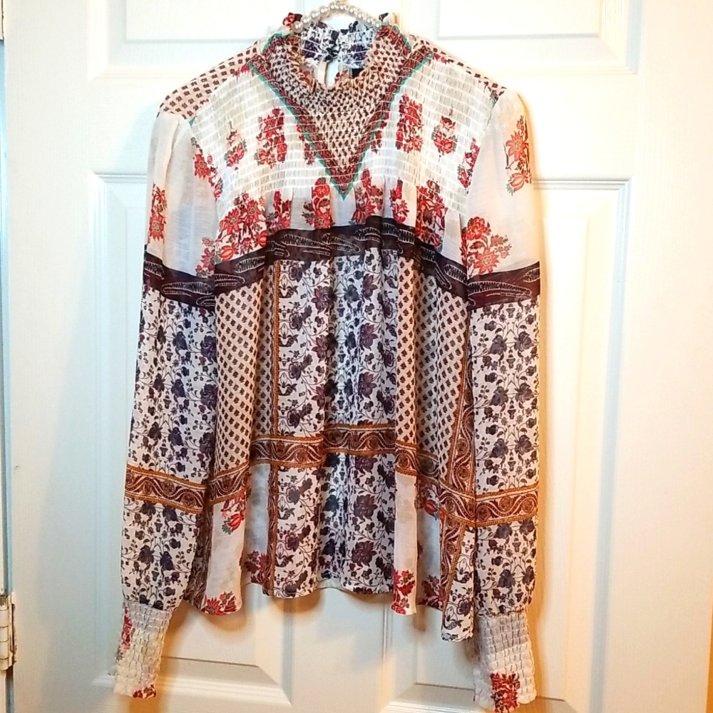 Rue21 Womens Sheer Long Sleeve Burgandy Brown White Shirt